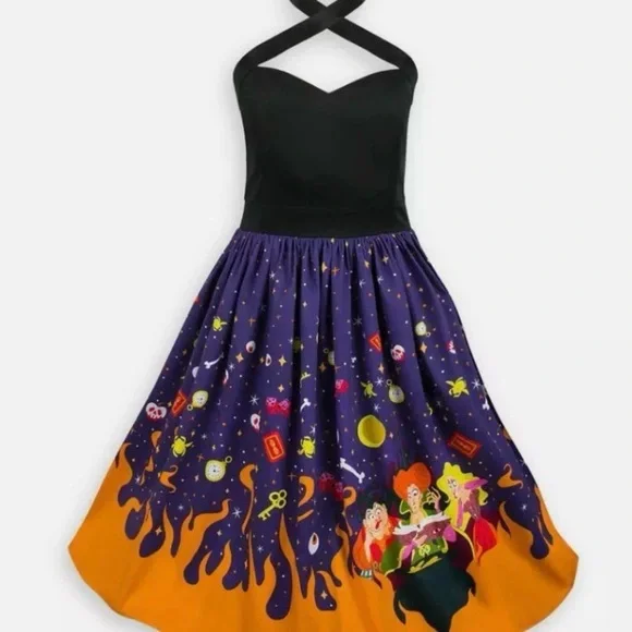 Disney Dress Shop Hocus Pocus Dress Size L tea length Halloween witches flames - Picture 2 of 13